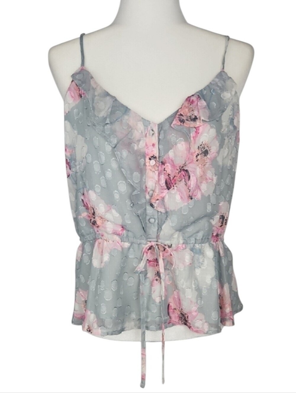 Coquette Romantic Floral Ruffle Front Tie Waist Strappy Camisole Top AOP Fairy